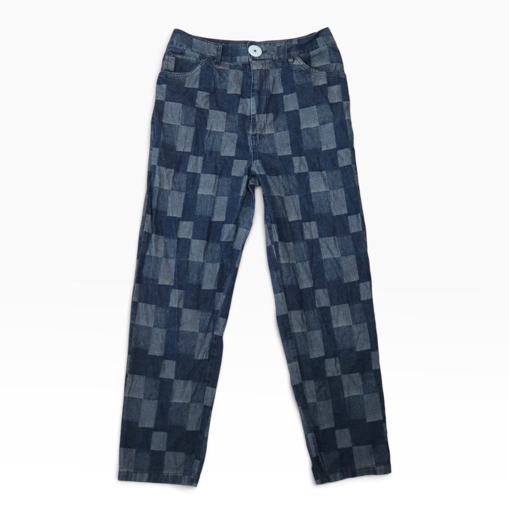 Hot Lava Checkered Patchwork Jeans Blue Denim High Rise Straight Leg L